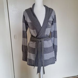 A/X ARMANI EXCHANGE Sz S Belted- Striped -Hooded Cardigan Sweater Gray Cotton